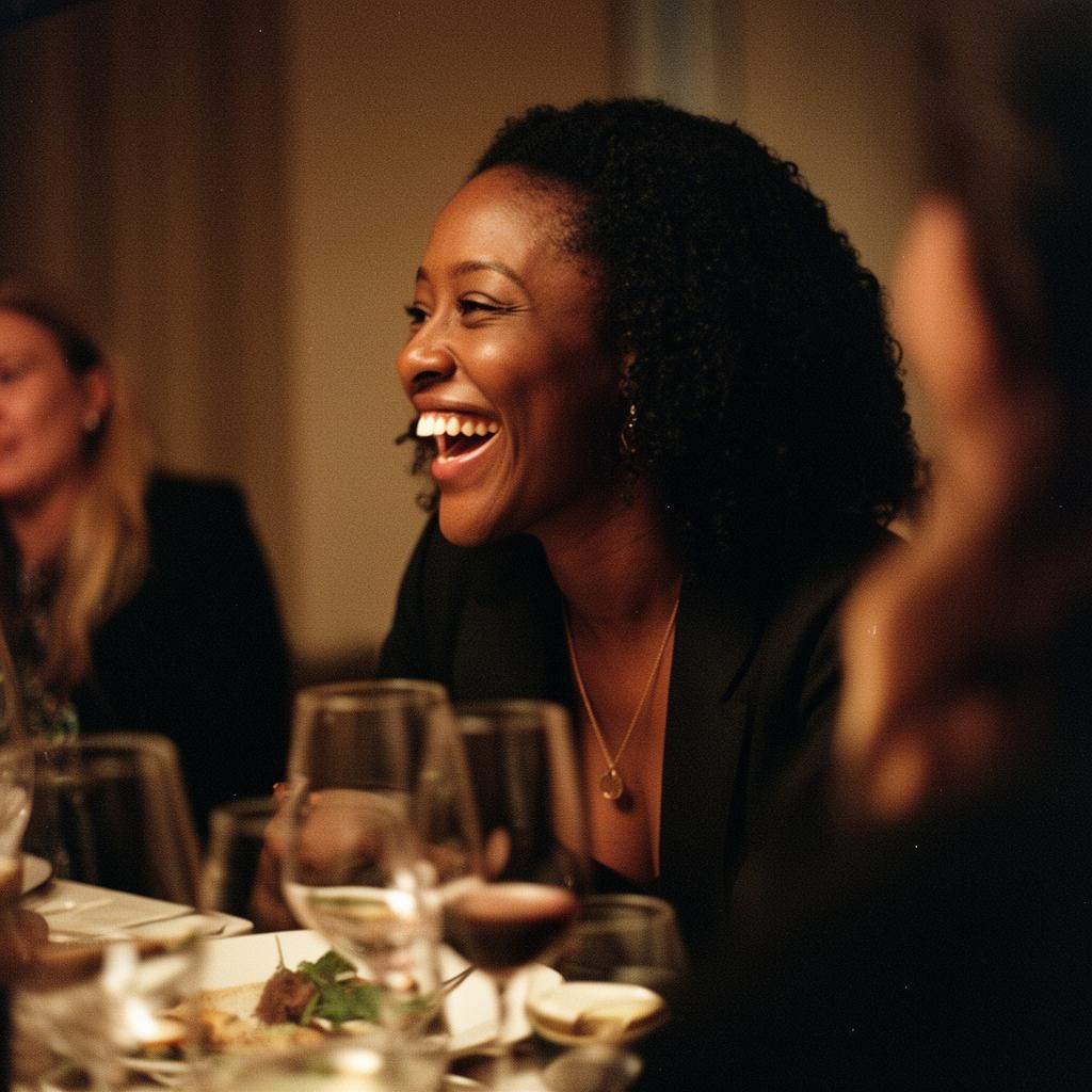 Founder laughing in conversation at a Guava dinner